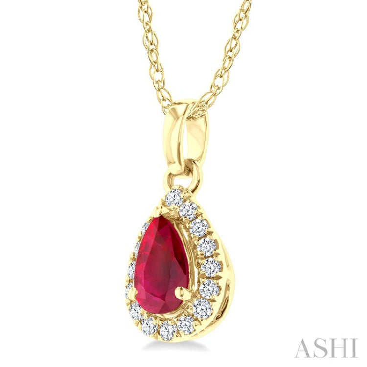 5x3 MM Pear Shape Ruby and 1/20 Ctw Round Cut Diamond Halo Precious Pendant with Chain in 10K Yellow Gold