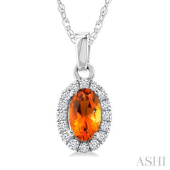 5x3 MM Oval Shape Citrine and 1/20 Ctw Round Cut Diamond Halo Semi-Precious Pendant with Chain in 10K White Gold
