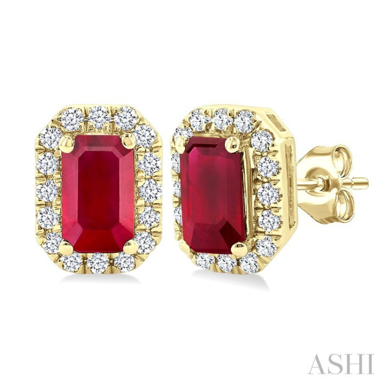 5x3 MM Octagonal Shape Ruby and 1/8 Ctw Round Cut Diamond Halo Precious Stud Earrings in 10K Yellow Gold