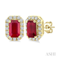 5x3 MM Octagonal Shape Ruby and 1/8 Ctw Round Cut Diamond Halo Precious Stud Earrings in 10K Yellow Gold