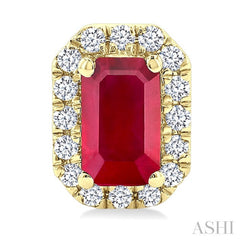5x3 MM Octagonal Shape Ruby and 1/8 Ctw Round Cut Diamond Halo Precious Stud Earrings in 10K Yellow Gold