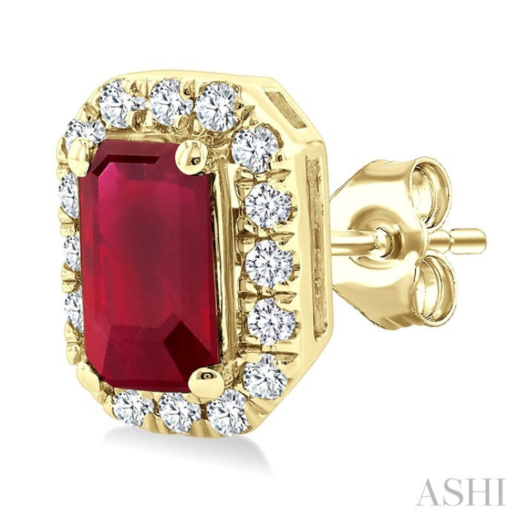 5x3 MM Octagonal Shape Ruby and 1/8 Ctw Round Cut Diamond Halo Precious Stud Earrings in 10K Yellow Gold