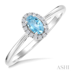 5x3 MM Oval Shape Aquamarine and 1/20 Ctw Round Cut Diamond Halo Semi-Precious Ring in 14K White Gold