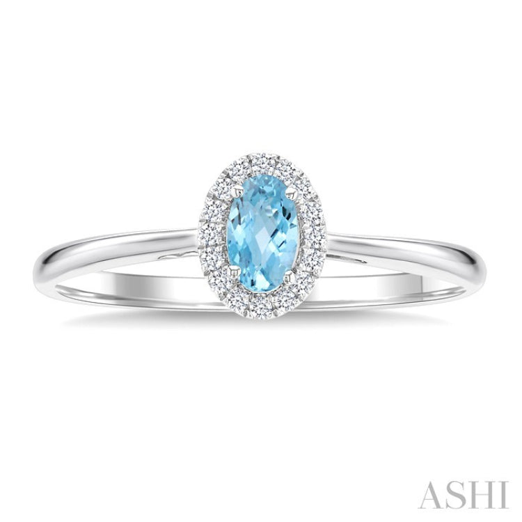 5x3 MM Oval Shape Aquamarine and 1/20 Ctw Round Cut Diamond Halo Semi-Precious Ring in 14K White Gold
