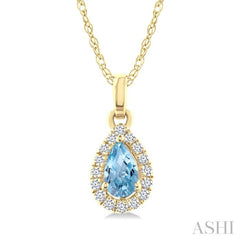 5x3 MM Pear Shape Aquamarine and 1/20 Ctw Round Cut Diamond Halo Semi-Precious Pendant with Chain in 10K Yellow Gold