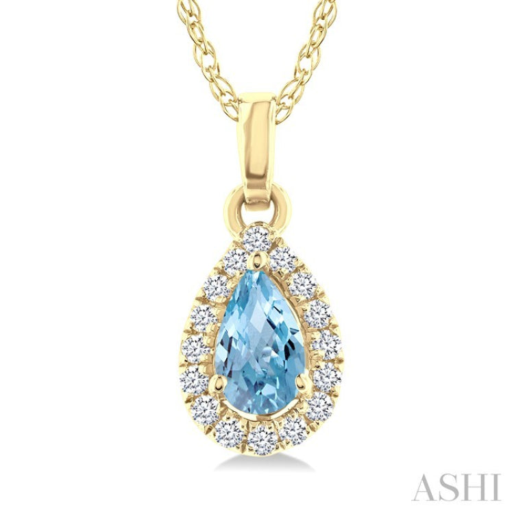 5x3 MM Pear Shape Aquamarine and 1/20 Ctw Round Cut Diamond Halo Semi-Precious Pendant with Chain in 10K Yellow Gold