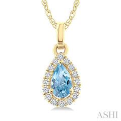 5x3 MM Pear Shape Aquamarine and 1/20 Ctw Round Cut Diamond Halo Semi-Precious Pendant with Chain in 10K Yellow Gold