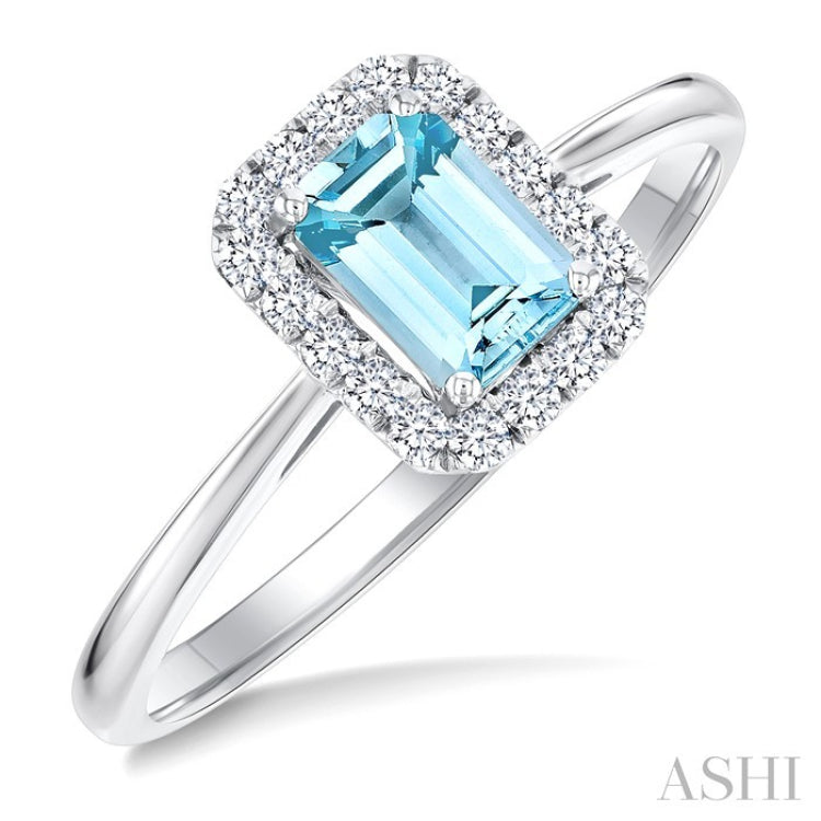 6x4 MM Octagonal Shape Aquamarine and 1/6 Ctw Round Cut Diamond Halo Semi-Precious Ring in 10K White Gold