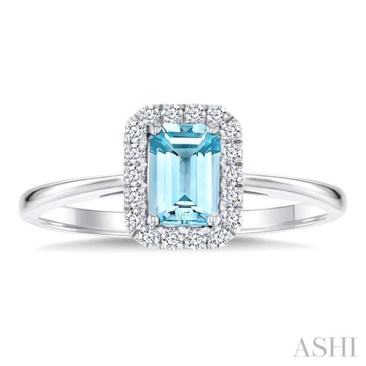 6x4 MM Octagonal Shape Aquamarine and 1/6 Ctw Round Cut Diamond Halo Semi-Precious Ring in 10K White Gold