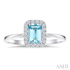 6x4 MM Octagonal Shape Aquamarine and 1/6 Ctw Round Cut Diamond Halo Semi-Precious Ring in 10K White Gold