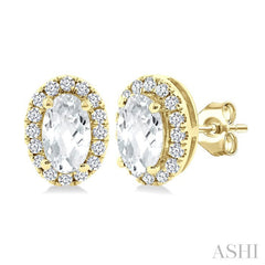 5x3 MM Oval Shape White Topaz and 1/8 Ctw Round Cut Diamond Halo Semi-Precious Stud Earrings in 10K Yellow Gold
