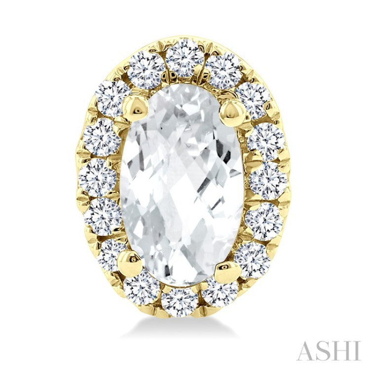 5x3 MM Oval Shape White Topaz and 1/8 Ctw Round Cut Diamond Halo Semi-Precious Stud Earrings in 10K Yellow Gold
