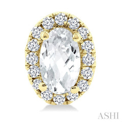 5x3 MM Oval Shape White Topaz and 1/8 Ctw Round Cut Diamond Halo Semi-Precious Stud Earrings in 10K Yellow Gold