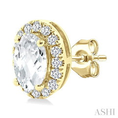 5x3 MM Oval Shape White Topaz and 1/8 Ctw Round Cut Diamond Halo Semi-Precious Stud Earrings in 10K Yellow Gold