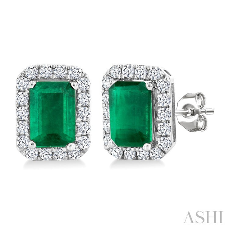 6x4 MM Octagonal Shape Emerald and 1/4 Ctw Round Cut Diamond Halo Precious Stud Earrings in 10K White Gold