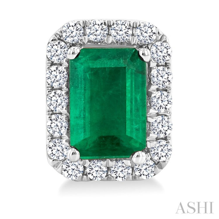 6x4 MM Octagonal Shape Emerald and 1/4 Ctw Round Cut Diamond Halo Precious Stud Earrings in 10K White Gold