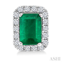 6x4 MM Octagonal Shape Emerald and 1/4 Ctw Round Cut Diamond Halo Precious Stud Earrings in 10K White Gold