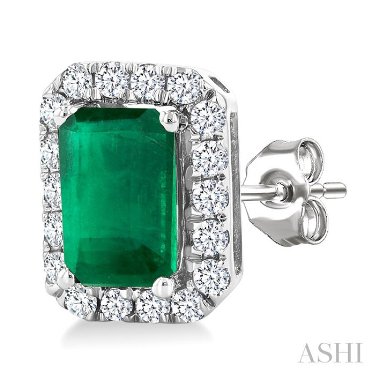 6x4 MM Octagonal Shape Emerald and 1/4 Ctw Round Cut Diamond Halo Precious Stud Earrings in 10K White Gold