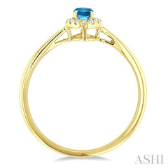 5x3 MM Oval Shape Blue Topaz and 1/20 Ctw Round Cut Diamond Halo Semi-Precious Ring in 14K Yellow Gold