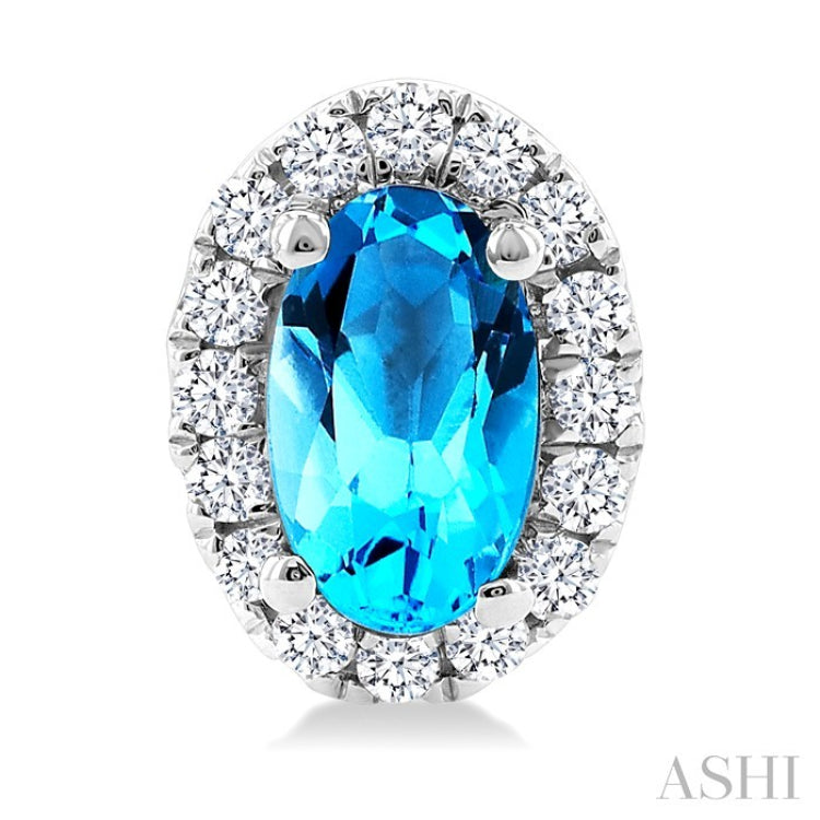 5x3 MM Oval Shape Blue Topaz and 1/8 Ctw Round Cut Diamond Halo Semi-Precious Stud Earrings in 10K White Gold