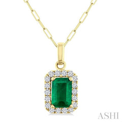 6x4 MM Octagonal Shape Emerald and 1/6 Ctw Round Cut Diamond Halo Precious Pendant with Chain in 14K Yellow Gold
