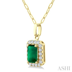 6x4 MM Octagonal Shape Emerald and 1/6 Ctw Round Cut Diamond Halo Precious Pendant with Chain in 14K Yellow Gold