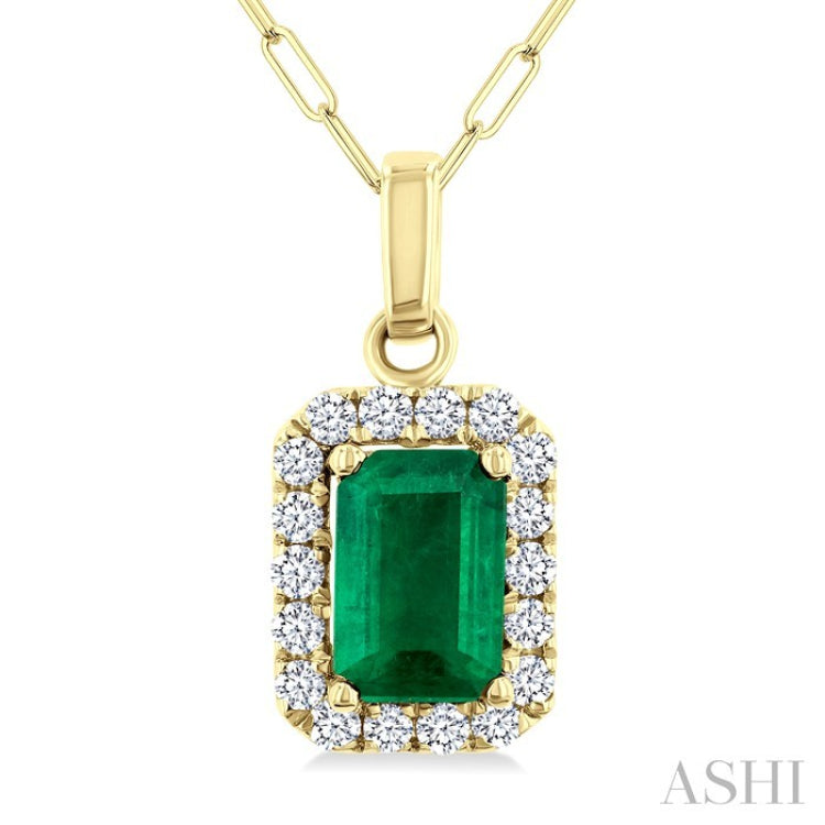 6x4 MM Octagonal Shape Emerald and 1/6 Ctw Round Cut Diamond Halo Precious Pendant with Chain in 14K Yellow Gold