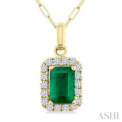 6x4 MM Octagonal Shape Emerald and 1/6 Ctw Round Cut Diamond Halo Precious Pendant with Chain in 14K Yellow Gold