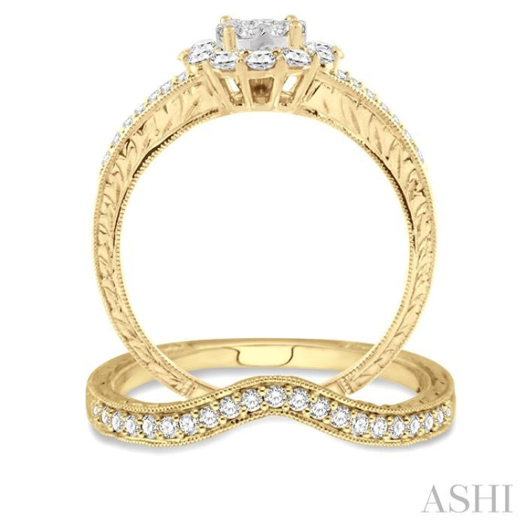 3/4 Ctw Diamond Lovebright Wedding Set with 5/8 Ctw Engagement Ring in Yellow and White Gold and 1/6 Ctw Wedding Band in 14K Yellow Gold
