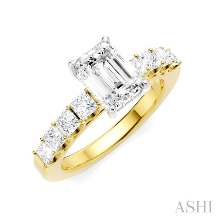 7/8 Ctw Emerald Shape Princess and Round Cut Diamond Semi-Mount Engagement Ring in 14K Yellow and White Gold