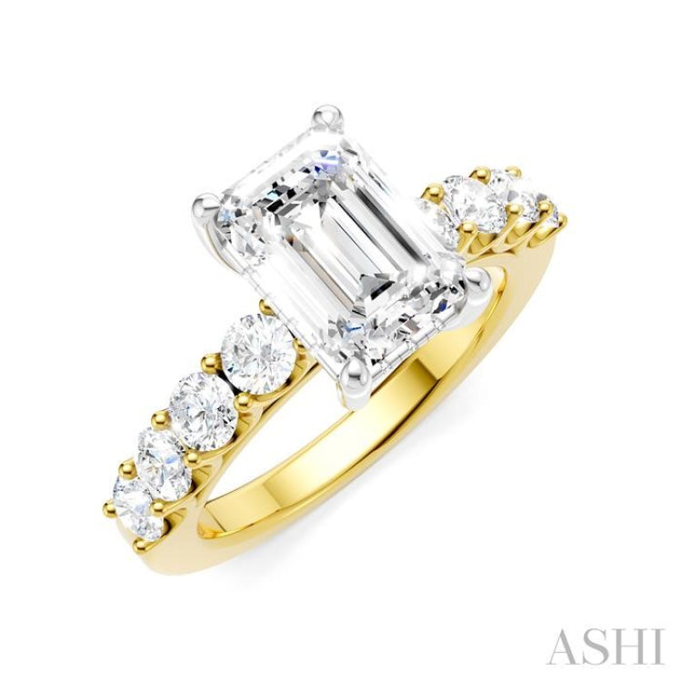 7/8 Ctw Emerald Shape Round Cut Diamond Semi-Mount Engagement Ring in 14K Yellow and White Gold