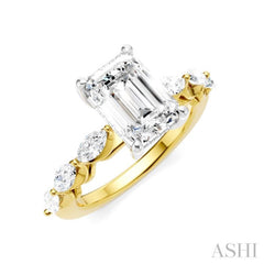 3/4 Ctw Emerald Shape Marquise and Round Cut Diamond Semi-Mount Engagement Ring in 14K Yellow and White Gold