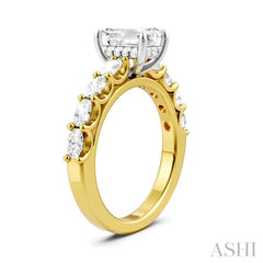 7/8 Ctw Emerald Shape Oval and Round Cut Diamond Semi-Mount Engagement Ring in 14K Yellow and White Gold