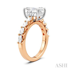 7/8 Ctw Emerald Shape Oval and Round Cut Diamond Semi-Mount Engagement Ring in 14K Rose and White Gold