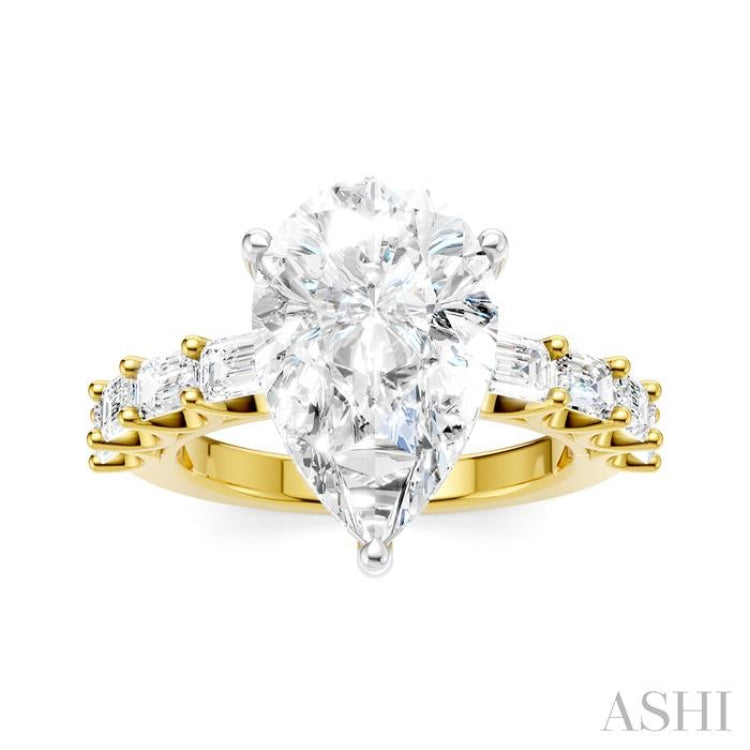 1 1/3 Ctw Pear Shape Emerald and Round Cut Diamond Semi-Mount Engagement Ring in 14K Yellow and White Gold