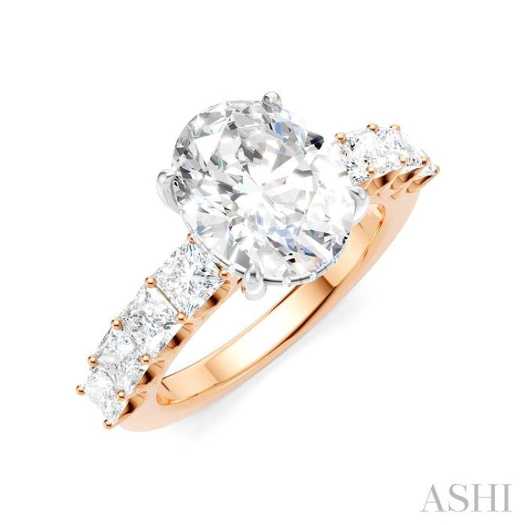 1 1/3 Ctw Oval Shape Princess and Round Cut Diamond Semi-Mount Engagement Ring in 14K Rose and White Gold