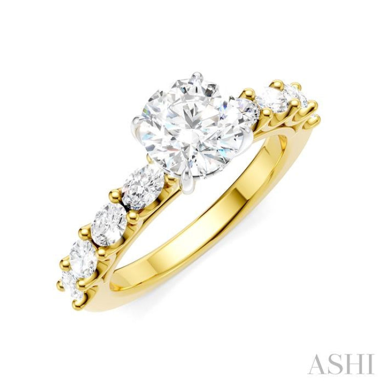 7/8 Ctw Round Shape Oval and Round Cut Diamond Semi-Mount Engagement Ring in 14K Yellow and White Gold