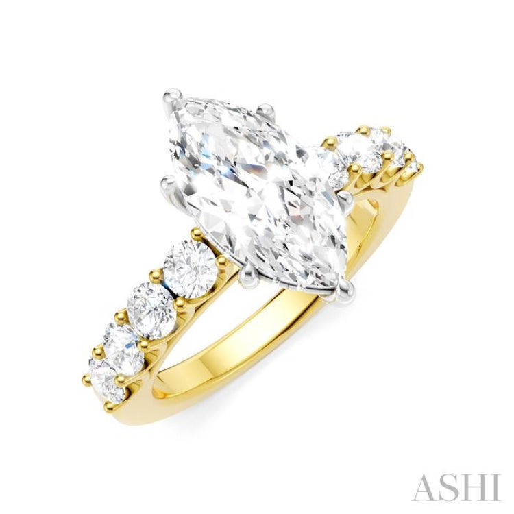 7/8 Ctw Marquise Shape Round Cut Diamond Semi-Mount Engagement Ring in 14K Yellow and White Gold