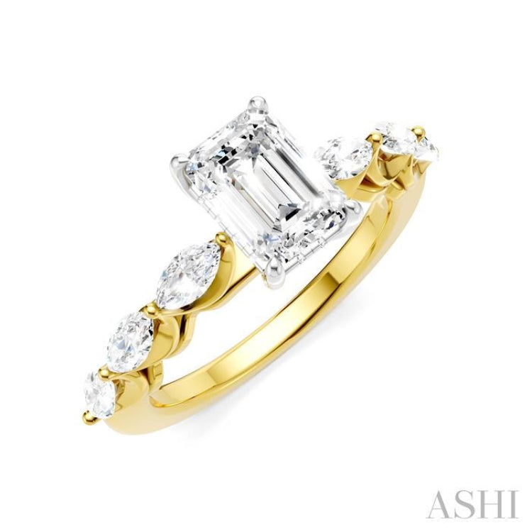 3/4 Ctw Emerald Shape Marquise and Round Cut Diamond Semi-Mount Engagement Ring in 14K Yellow and White Gold