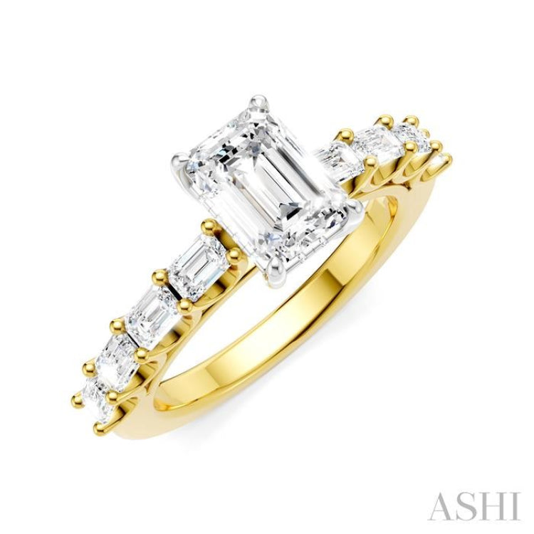 7/8 Ctw Emerald Shape Emerald and Round Cut Diamond Semi-Mount Engagement Ring in 14K Yellow and White Gold