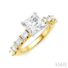 7/8 Ctw Princess Shape Emerald and Round Cut Diamond Semi-Mount Engagement Ring in 14K Yellow and White Gold