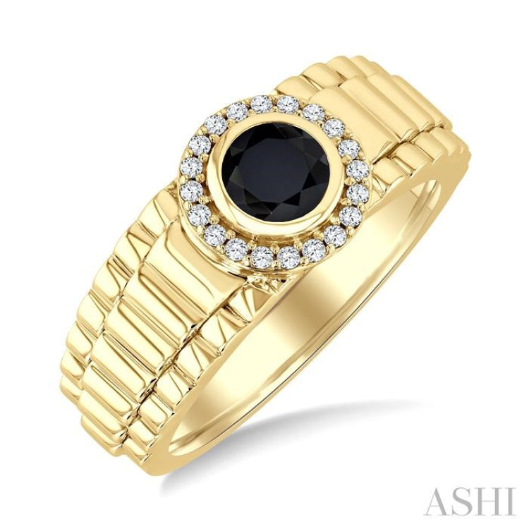 1/8 Ctw 6 MM Onyx and Round Cut Diamond Halo Semi-Precious Men's Ring in 10K Yellow Gold