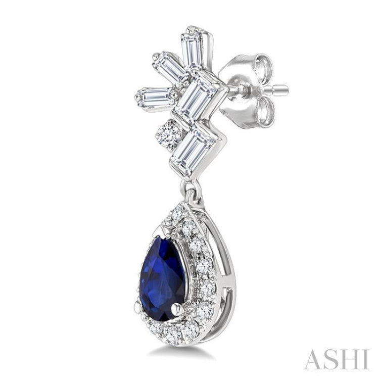 5X3MM Pear Cut Sapphire, Round and  1/3 Ctw  Baguette Cut Scatter Diamond Precious Fashion earrings in 10K White Gold