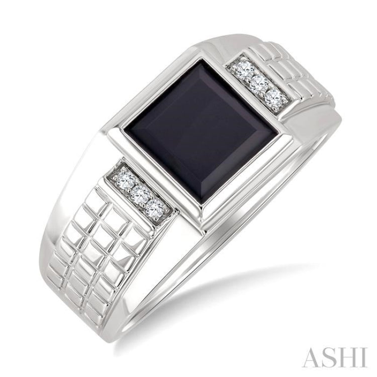 1/20 Ctw 8X8 MM Princess Cut Onyx and Round Cut Diamond Semi-Precious Men's Ring in 10K White Gold