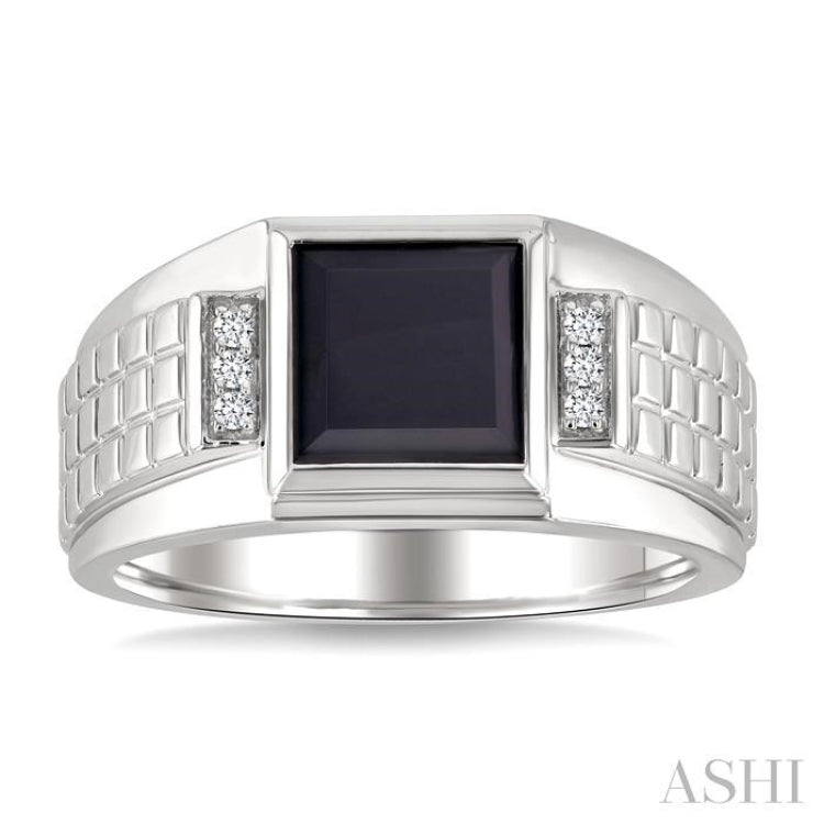 1/20 Ctw 8X8 MM Princess Cut Onyx and Round Cut Diamond Semi-Precious Men's Ring in 10K White Gold