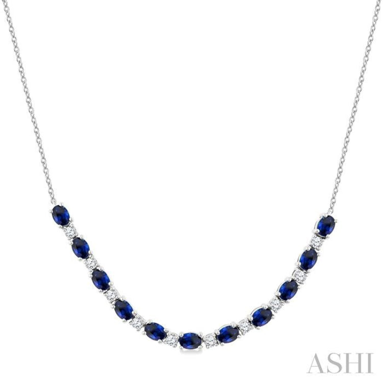 4X3 MM Oval Shape Sapphire and 1/2 Ctw Round Cut Diamond Precious Tennis Necklace in 14K White Gold