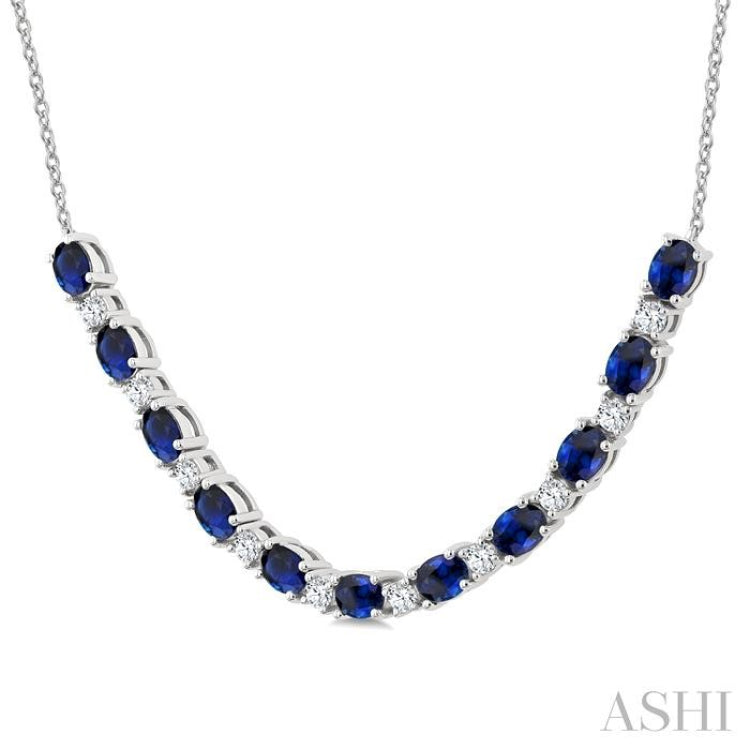 4X3 MM Oval Shape Sapphire and 1/2 Ctw Round Cut Diamond Precious Tennis Necklace in 14K White Gold