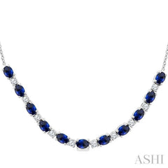 4X3 MM Oval Shape Sapphire and 1/2 Ctw Round Cut Diamond Precious Tennis Necklace in 14K White Gold