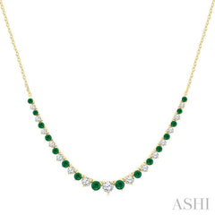 1.7 MM - 3 MM Round Shape Emerald and 3/4 Ctw Round Cut Diamond Precious Riviera Necklace in 14K Yellow Gold