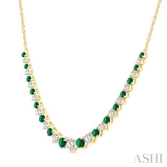 1.7 MM - 3 MM Round Shape Emerald and 3/4 Ctw Round Cut Diamond Precious Riviera Necklace in 14K Yellow Gold